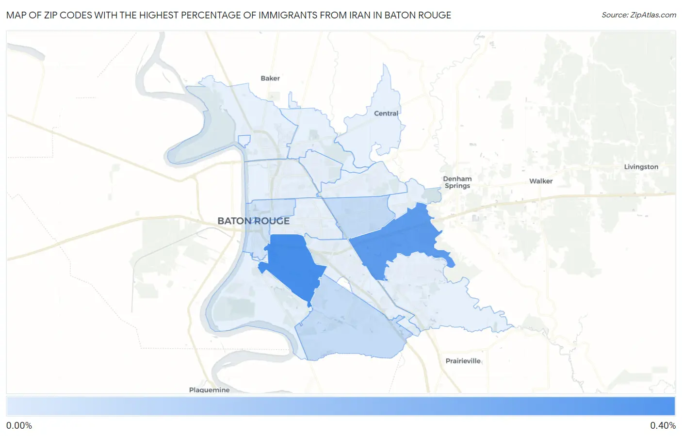 Zip Codes with the Highest Percentage of Immigrants from Iran in Baton Rouge Map