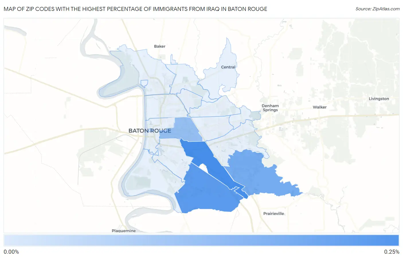 Zip Codes with the Highest Percentage of Immigrants from Iraq in Baton Rouge Map