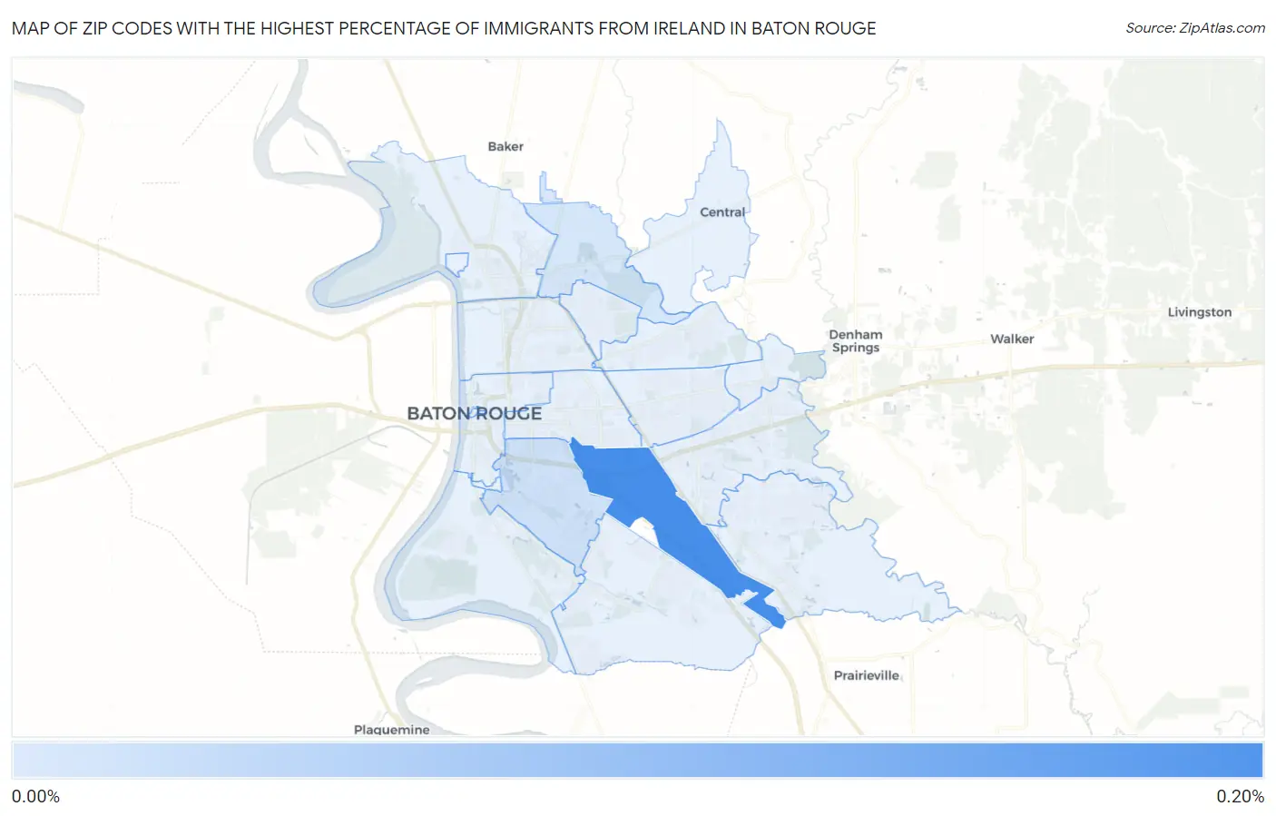 Zip Codes with the Highest Percentage of Immigrants from Ireland in Baton Rouge Map