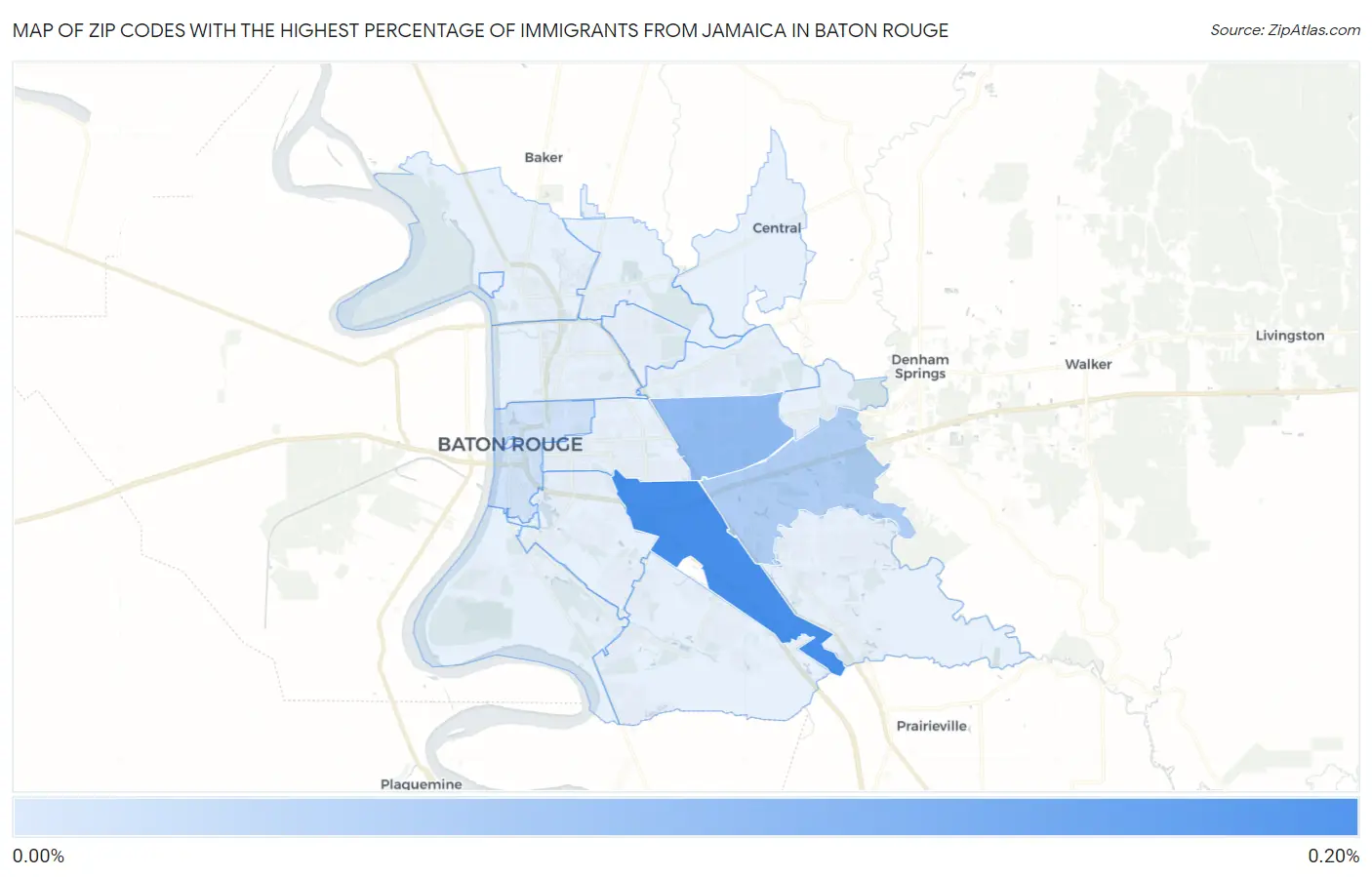 Zip Codes with the Highest Percentage of Immigrants from Jamaica in Baton Rouge Map