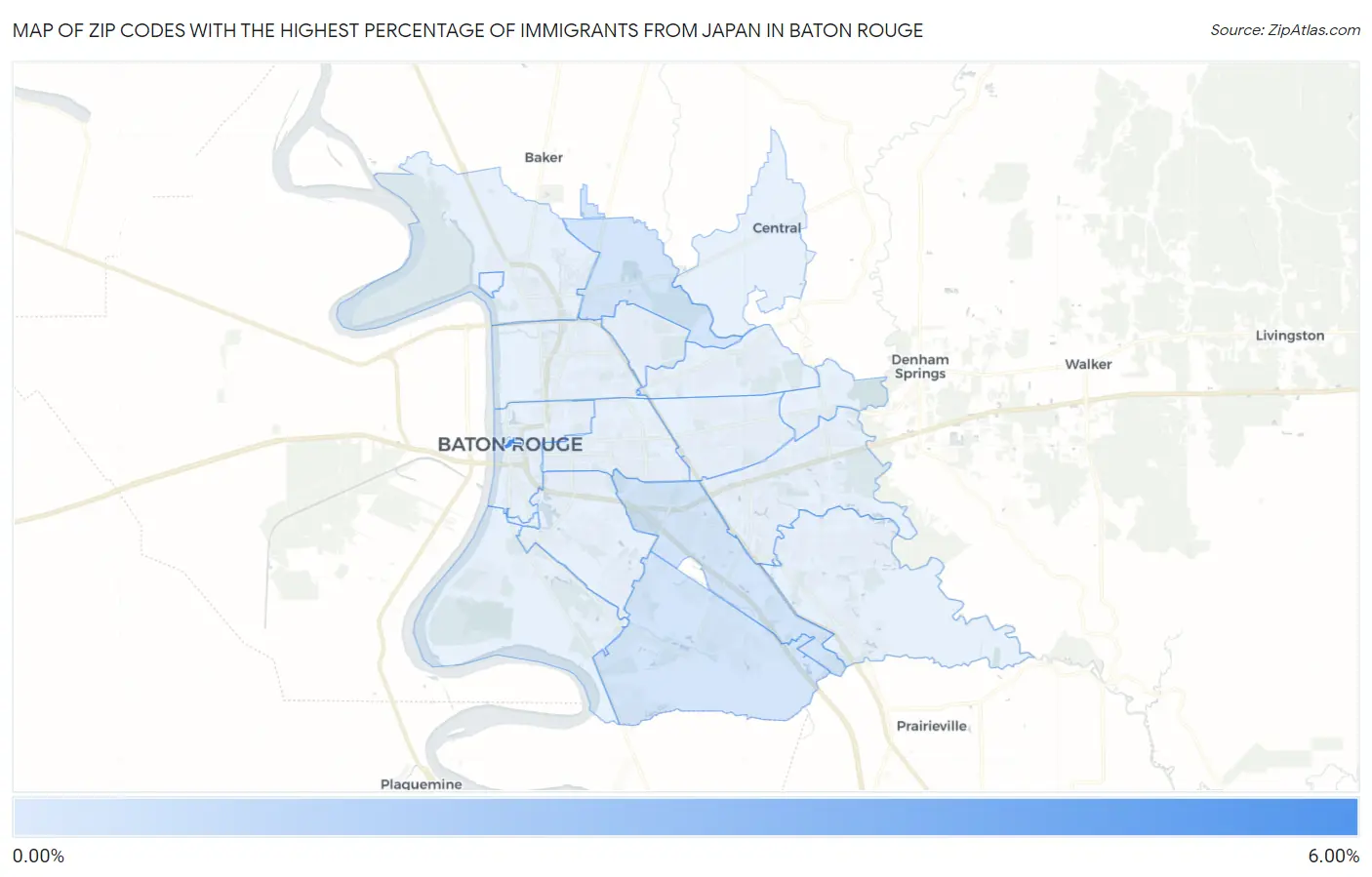Zip Codes with the Highest Percentage of Immigrants from Japan in Baton Rouge Map
