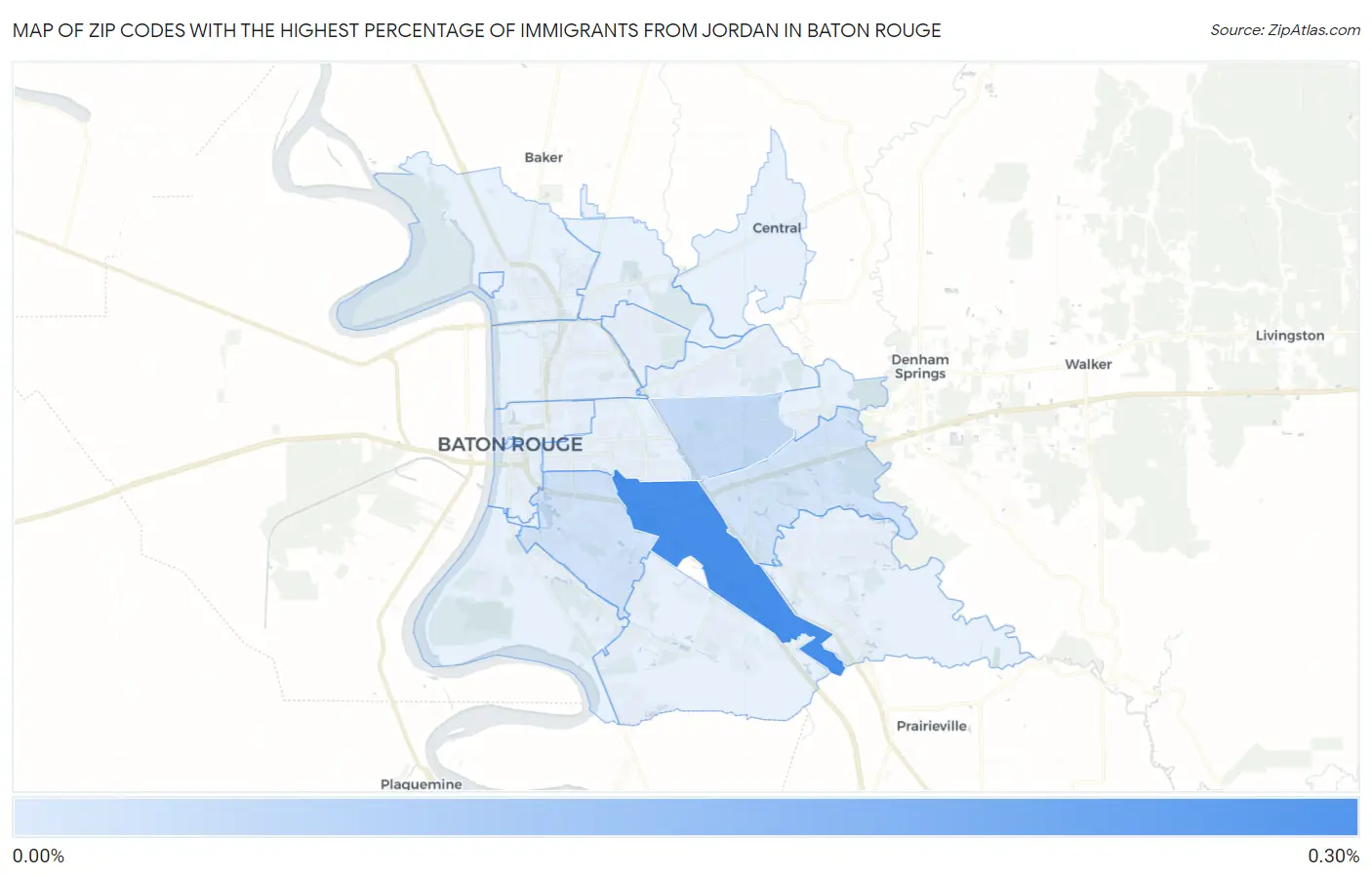 Zip Codes with the Highest Percentage of Immigrants from Jordan in Baton Rouge Map
