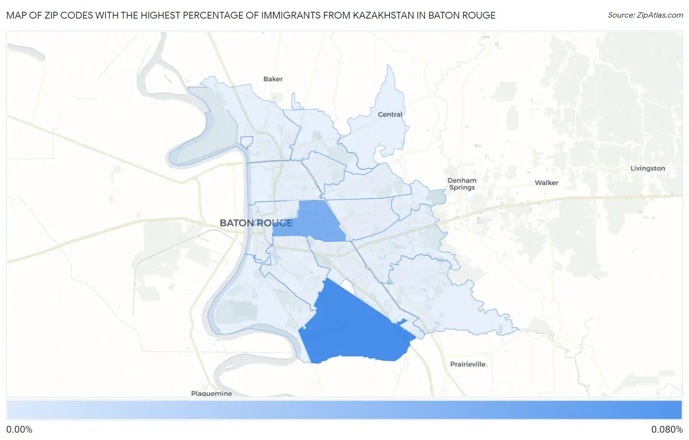 Zip Codes with the Highest Percentage of Immigrants from Kazakhstan in Baton Rouge Map