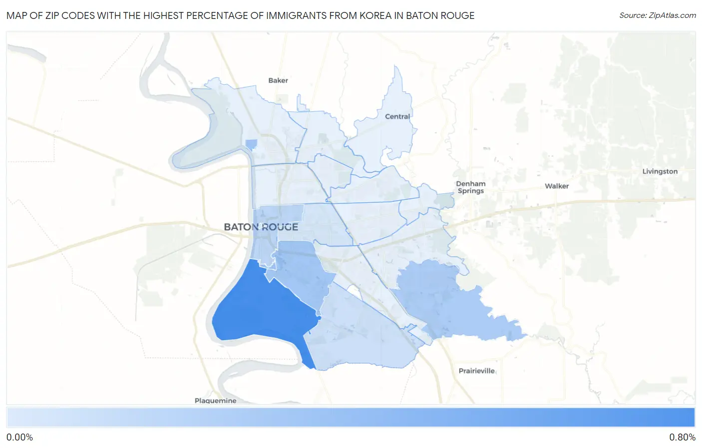 Zip Codes with the Highest Percentage of Immigrants from Korea in Baton Rouge Map