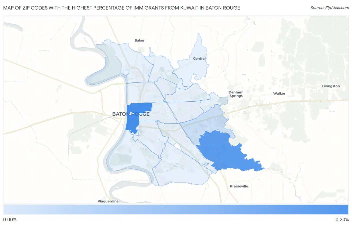 Zip Codes with the Highest Percentage of Immigrants from Kuwait in Baton Rouge Map
