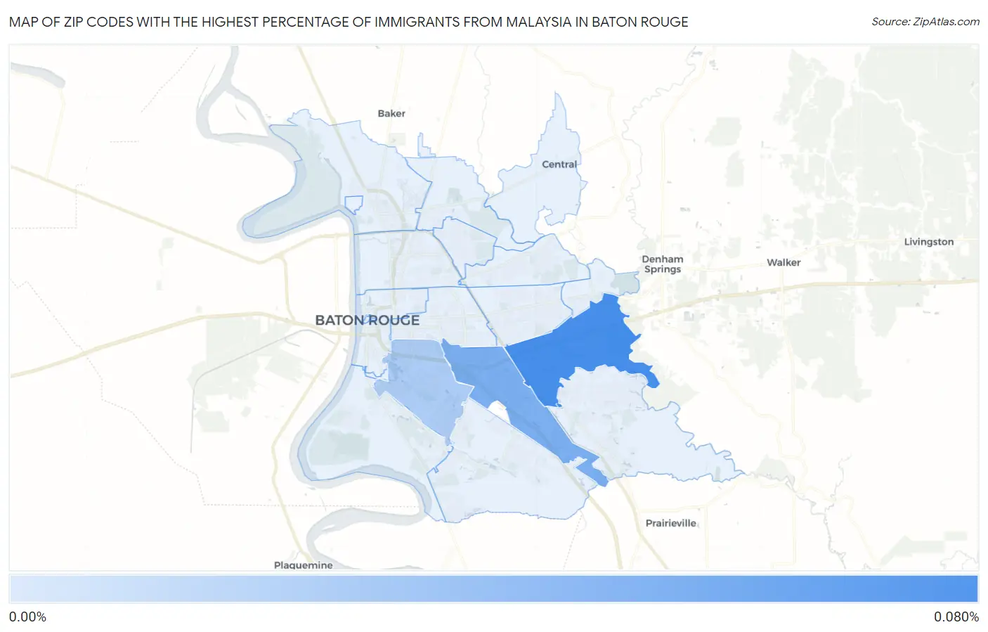 Zip Codes with the Highest Percentage of Immigrants from Malaysia in Baton Rouge Map