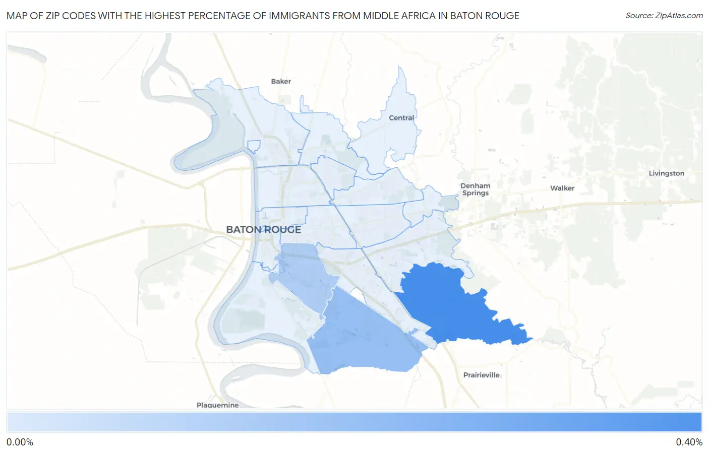 Zip Codes with the Highest Percentage of Immigrants from Middle Africa in Baton Rouge Map