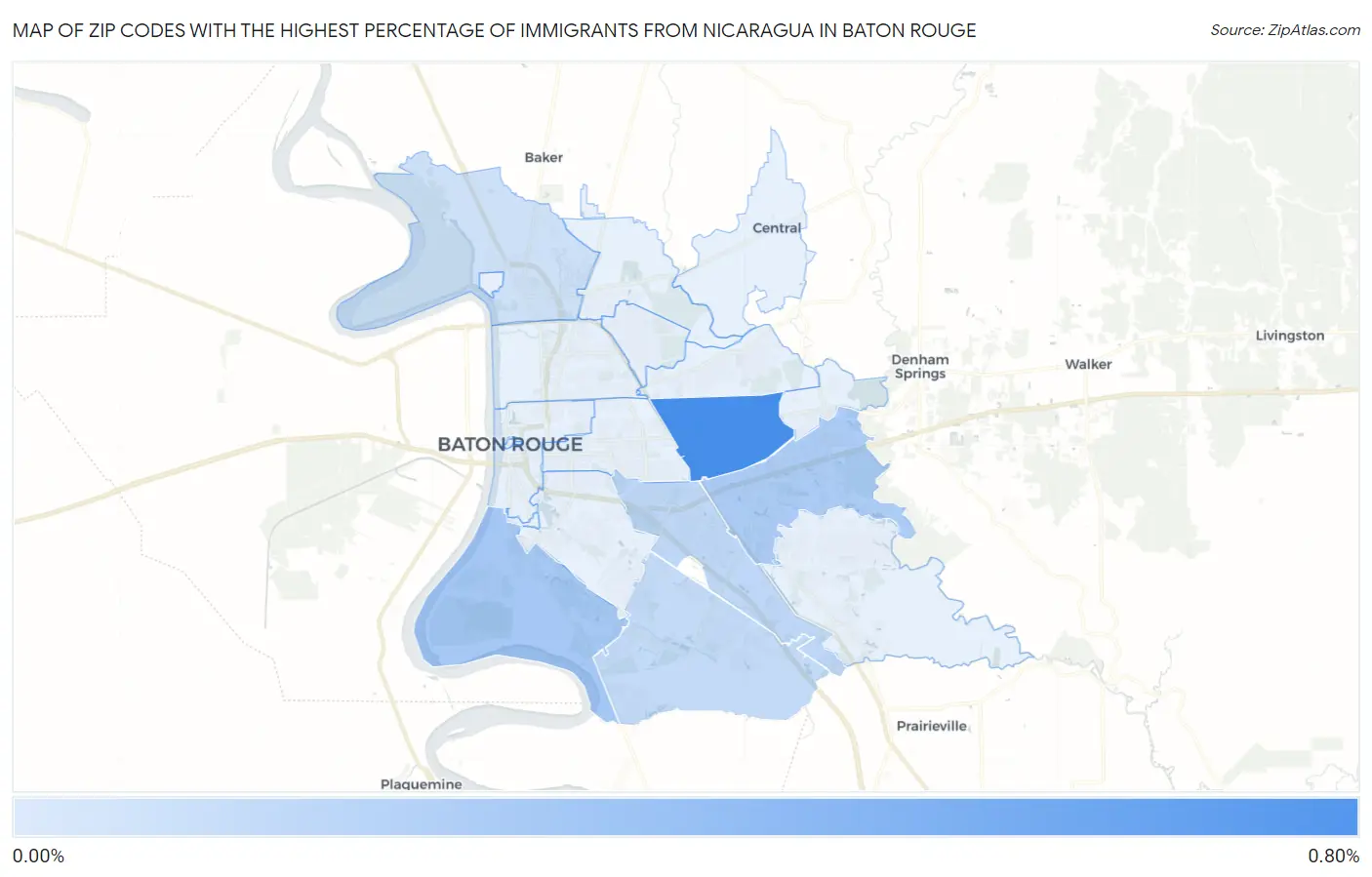 Zip Codes with the Highest Percentage of Immigrants from Nicaragua in Baton Rouge Map