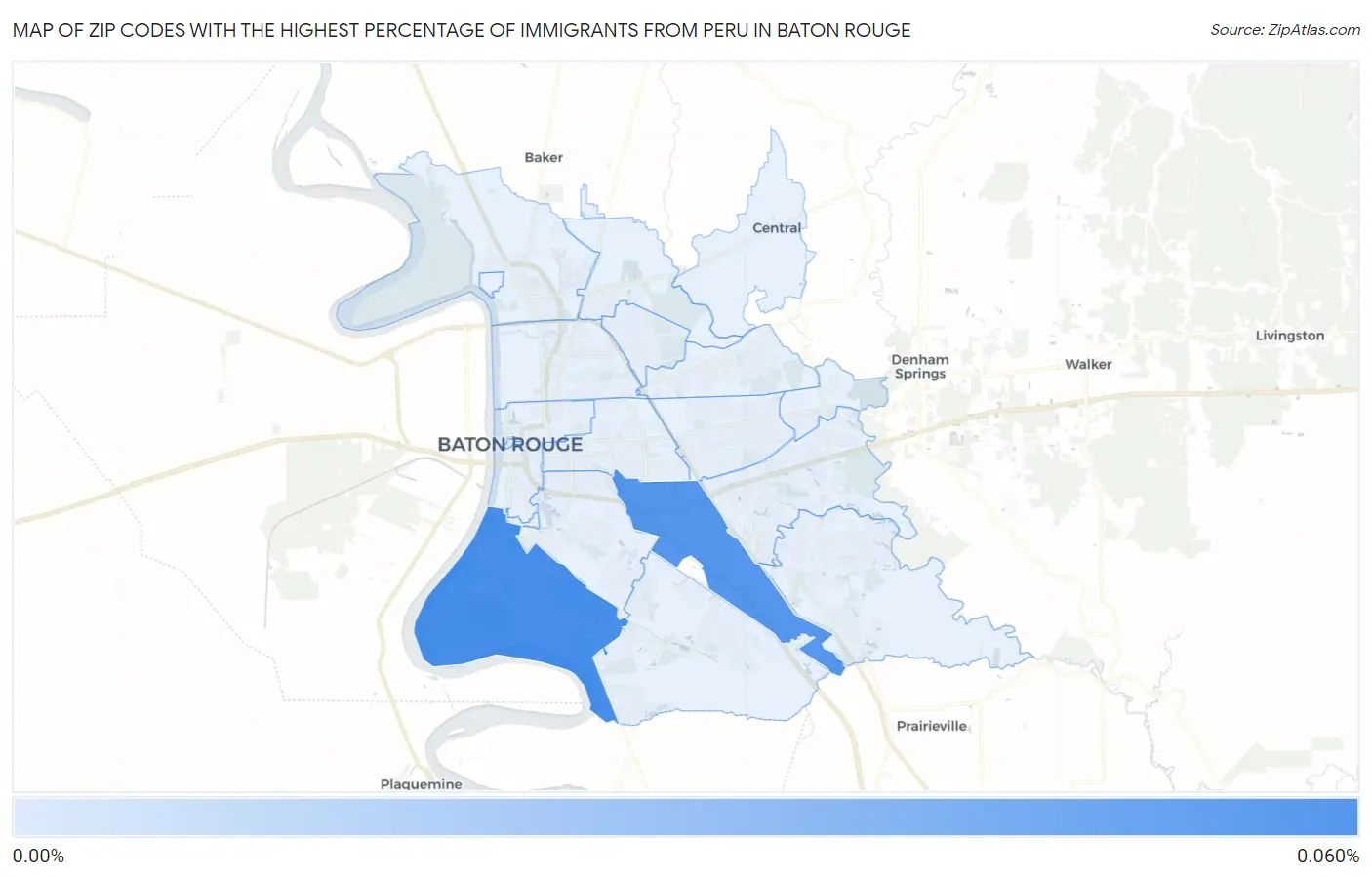 Zip Codes with the Highest Percentage of Immigrants from Peru in Baton Rouge Map