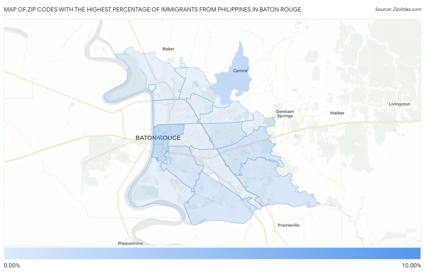 Zip Codes with the Highest Percentage of Immigrants from Philippines in Baton Rouge Map