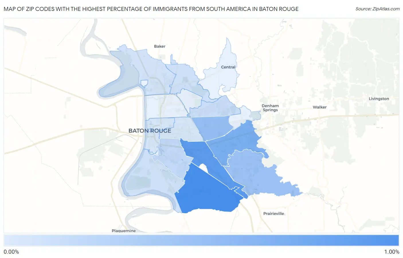 Zip Codes with the Highest Percentage of Immigrants from South America in Baton Rouge Map