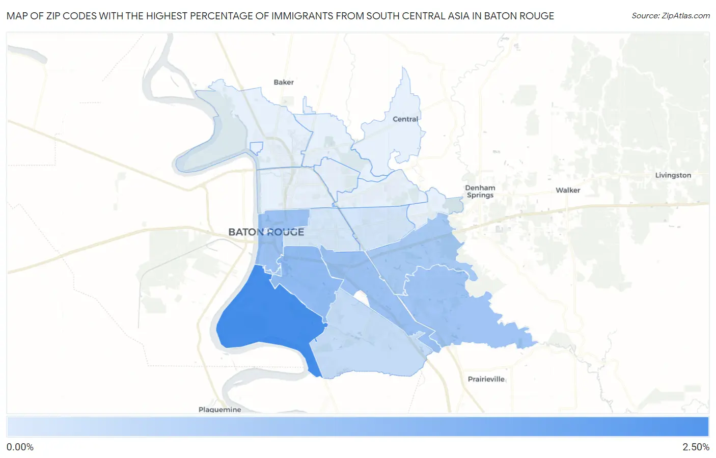 Zip Codes with the Highest Percentage of Immigrants from South Central Asia in Baton Rouge Map