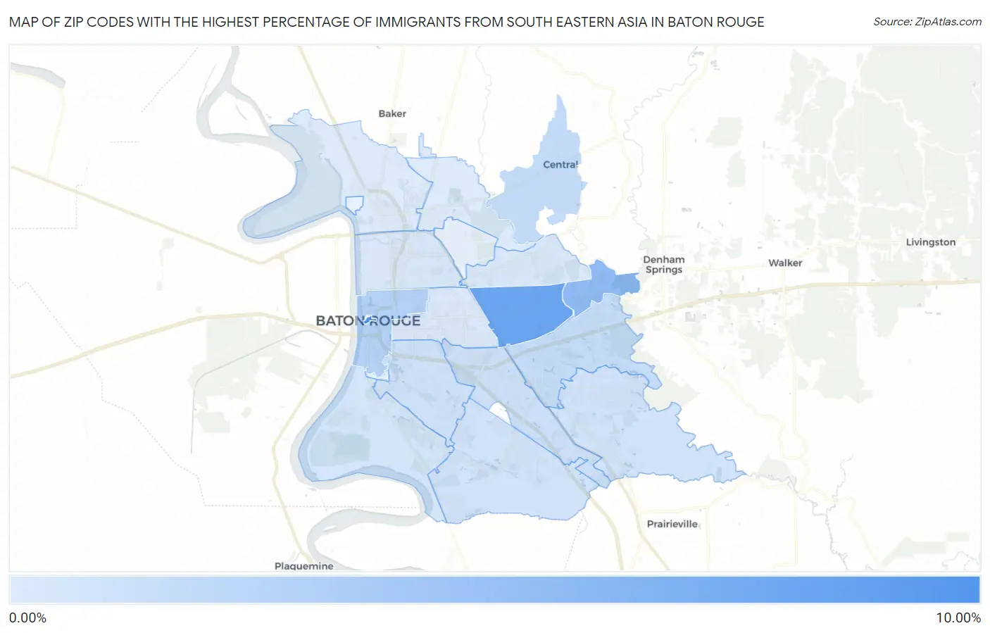 Zip Codes with the Highest Percentage of Immigrants from South Eastern Asia in Baton Rouge Map