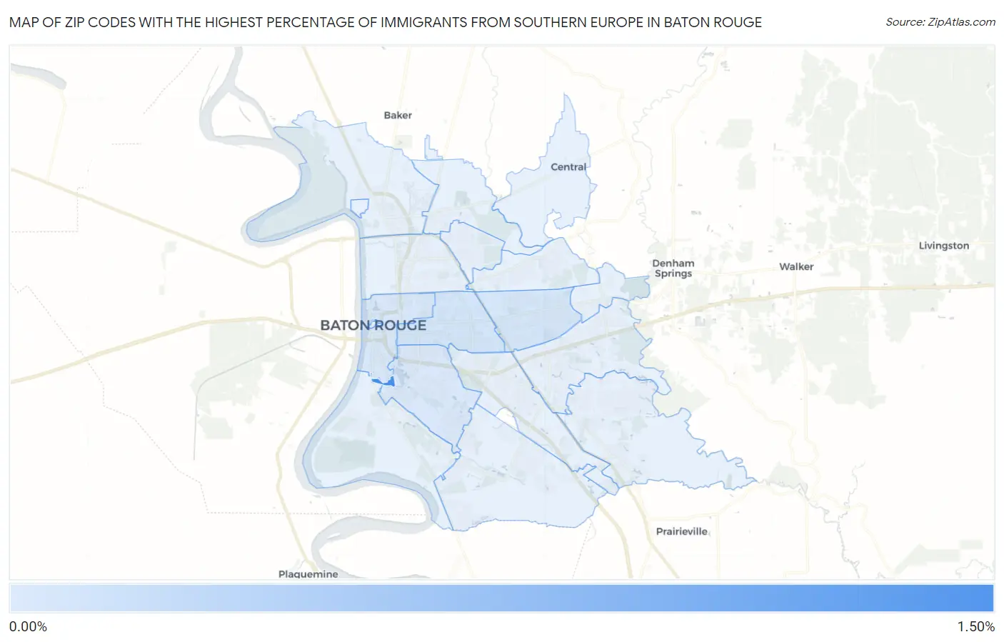 Zip Codes with the Highest Percentage of Immigrants from Southern Europe in Baton Rouge Map