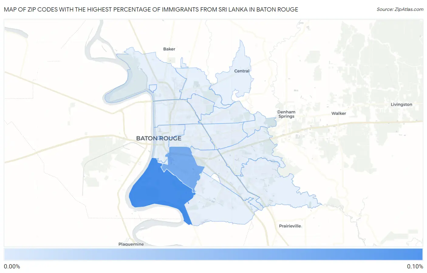 Zip Codes with the Highest Percentage of Immigrants from Sri Lanka in Baton Rouge Map