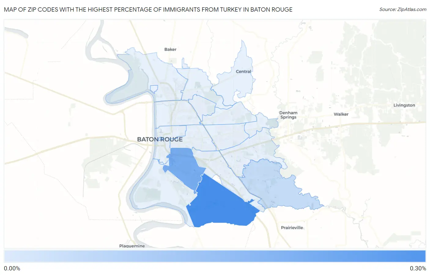 Zip Codes with the Highest Percentage of Immigrants from Turkey in Baton Rouge Map