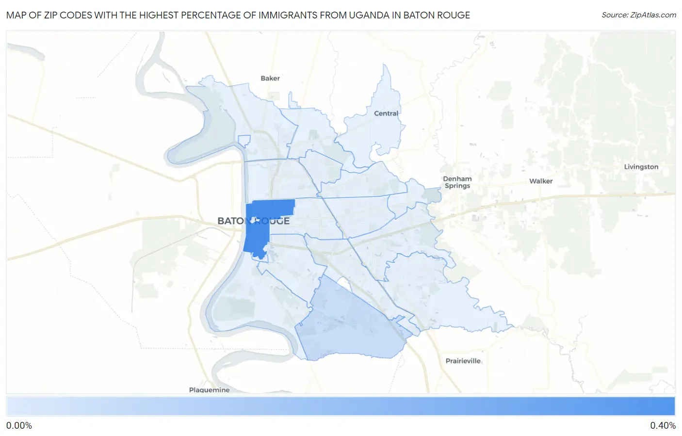 Zip Codes with the Highest Percentage of Immigrants from Uganda in Baton Rouge Map