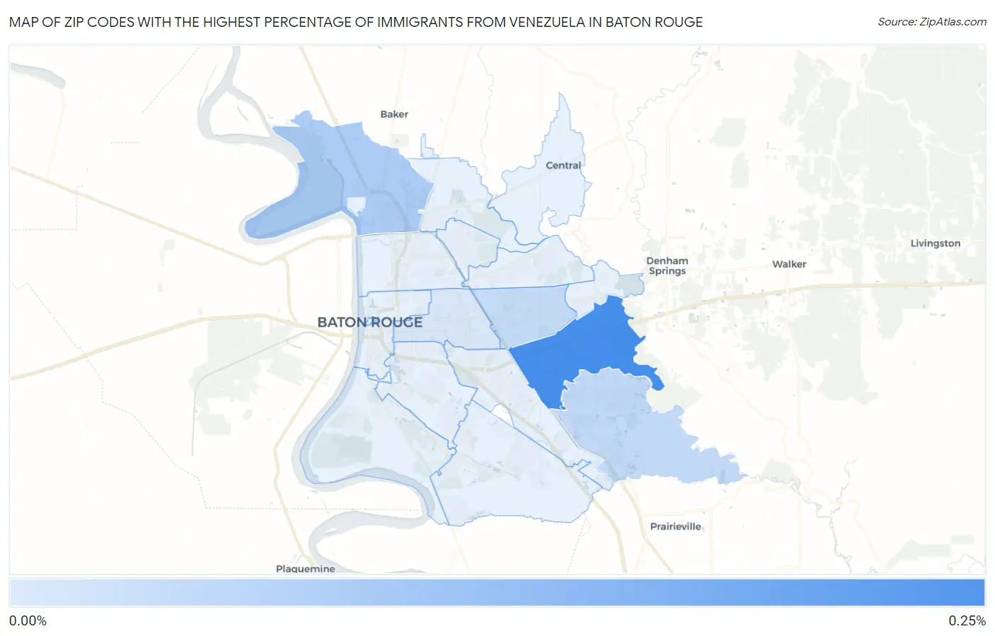 Zip Codes with the Highest Percentage of Immigrants from Venezuela in Baton Rouge Map