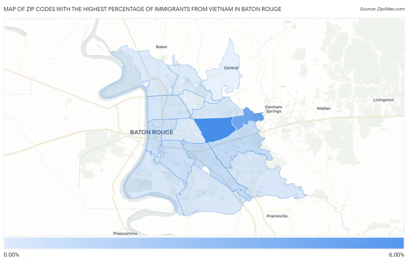 Zip Codes with the Highest Percentage of Immigrants from Vietnam in Baton Rouge Map