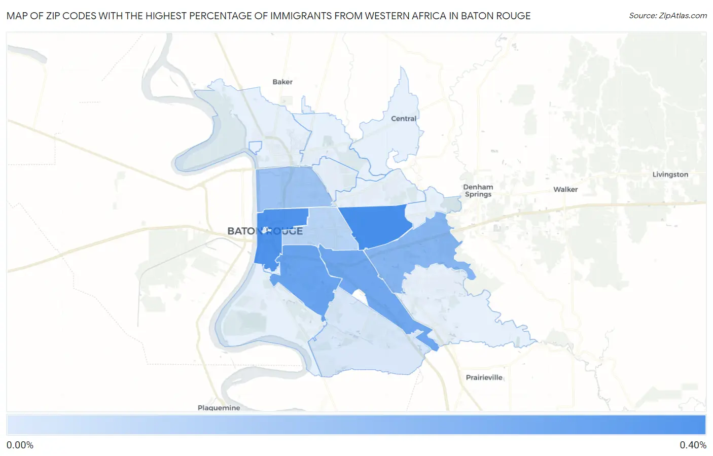 Zip Codes with the Highest Percentage of Immigrants from Western Africa in Baton Rouge Map