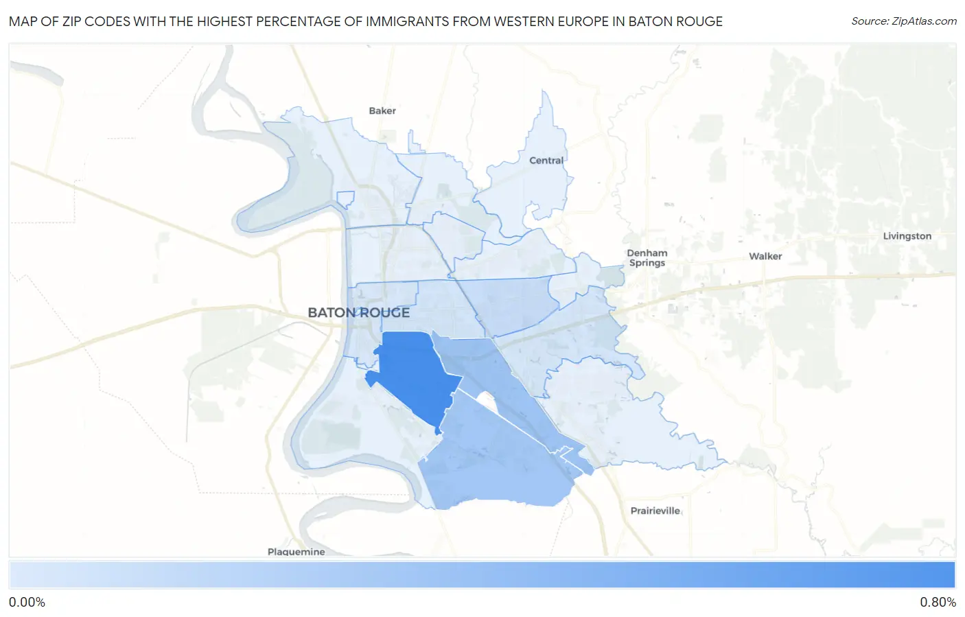 Zip Codes with the Highest Percentage of Immigrants from Western Europe in Baton Rouge Map