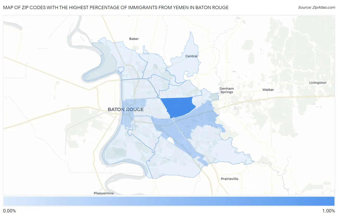 Zip Codes with the Highest Percentage of Immigrants from Yemen in Baton Rouge Map