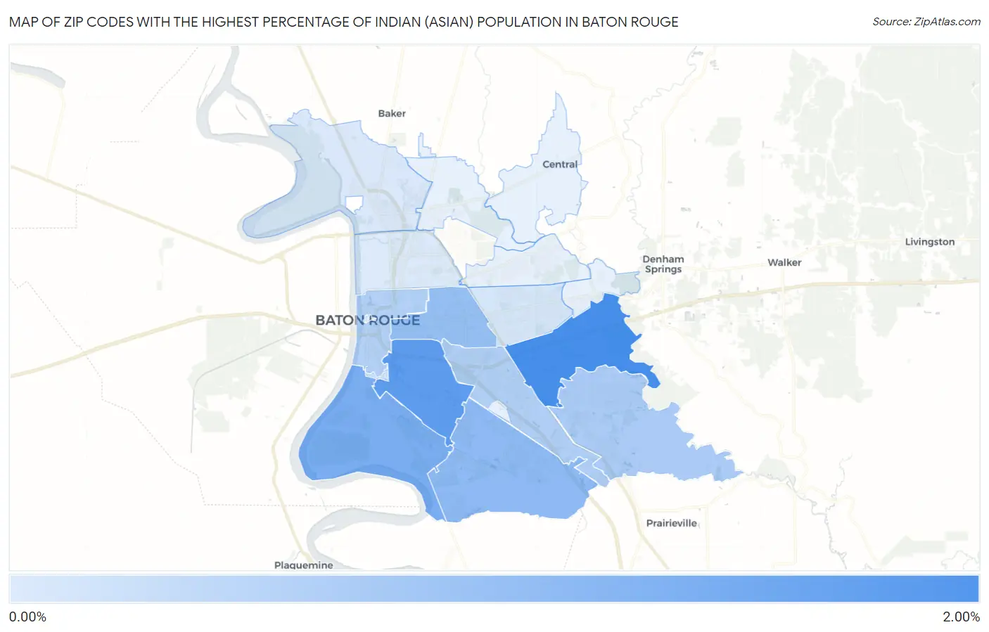 Zip Codes with the Highest Percentage of Indian (Asian) Population in Baton Rouge Map