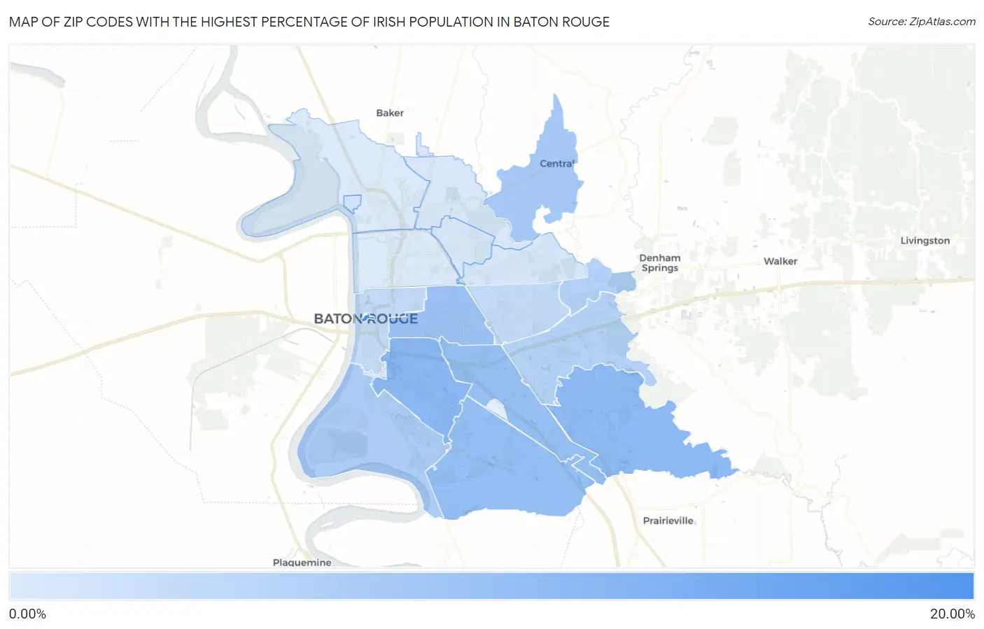 Zip Codes with the Highest Percentage of Irish Population in Baton Rouge Map