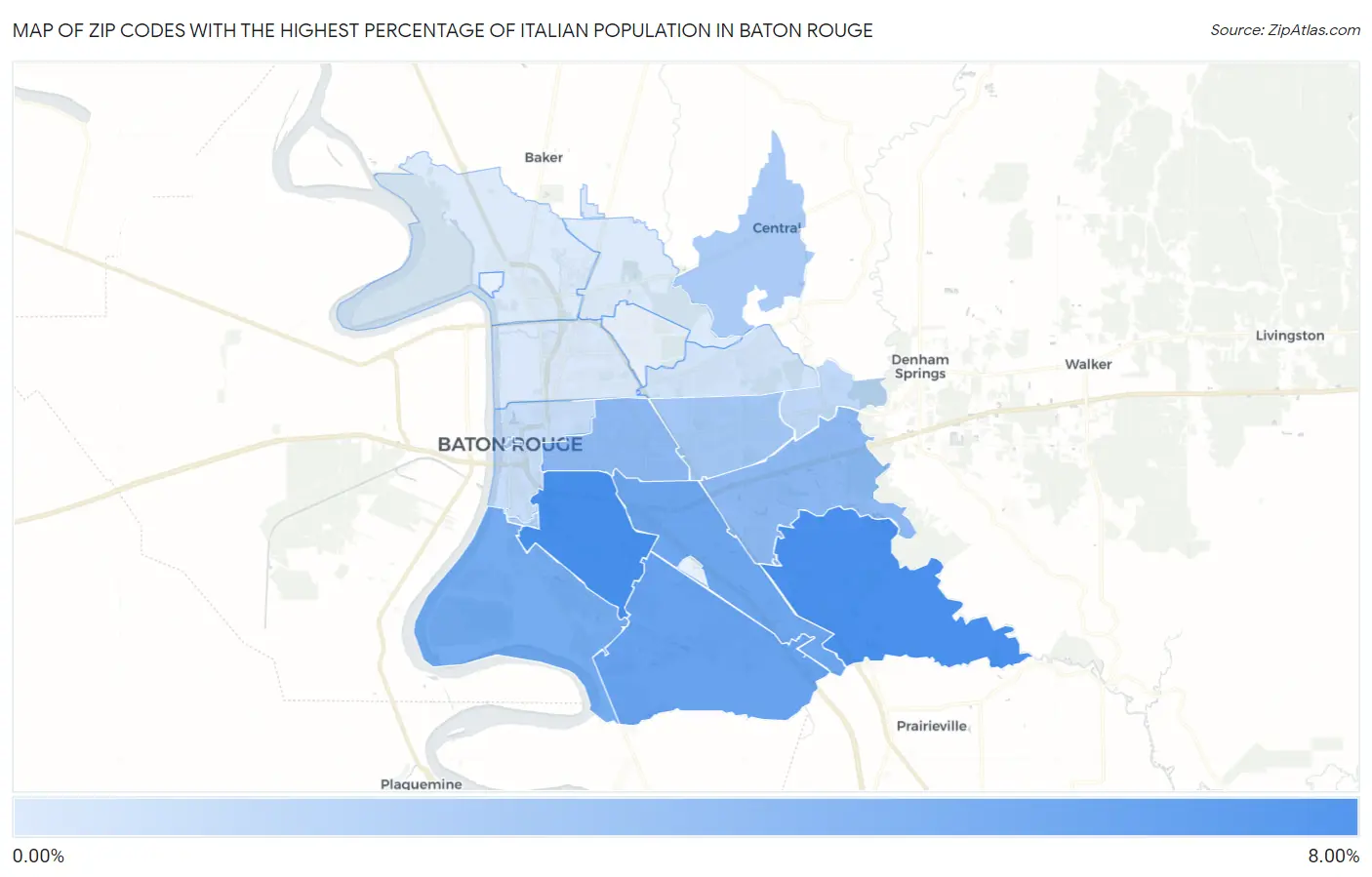 Zip Codes with the Highest Percentage of Italian Population in Baton Rouge Map