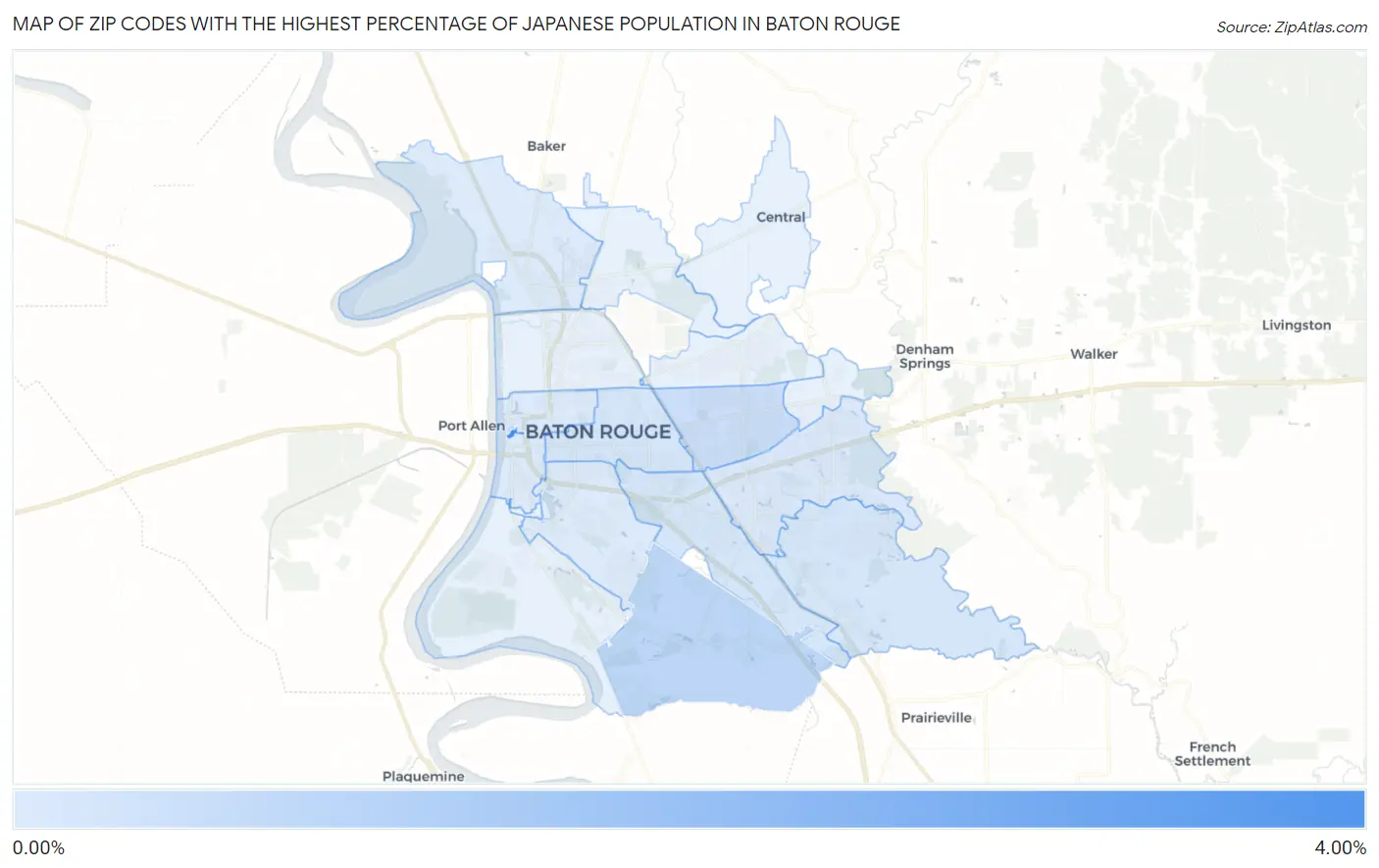 Zip Codes with the Highest Percentage of Japanese Population in Baton Rouge Map