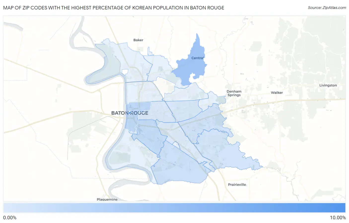 Zip Codes with the Highest Percentage of Korean Population in Baton Rouge Map