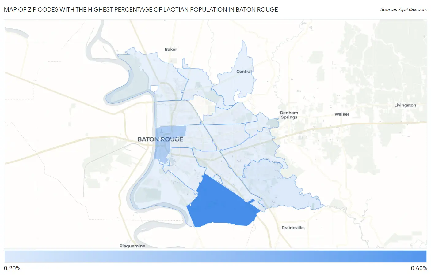 Zip Codes with the Highest Percentage of Laotian Population in Baton Rouge Map