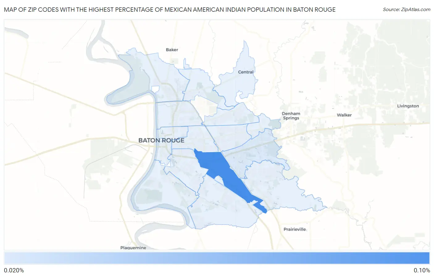 Zip Codes with the Highest Percentage of Mexican American Indian Population in Baton Rouge Map