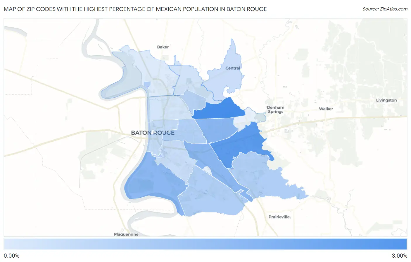 Zip Codes with the Highest Percentage of Mexican Population in Baton Rouge Map