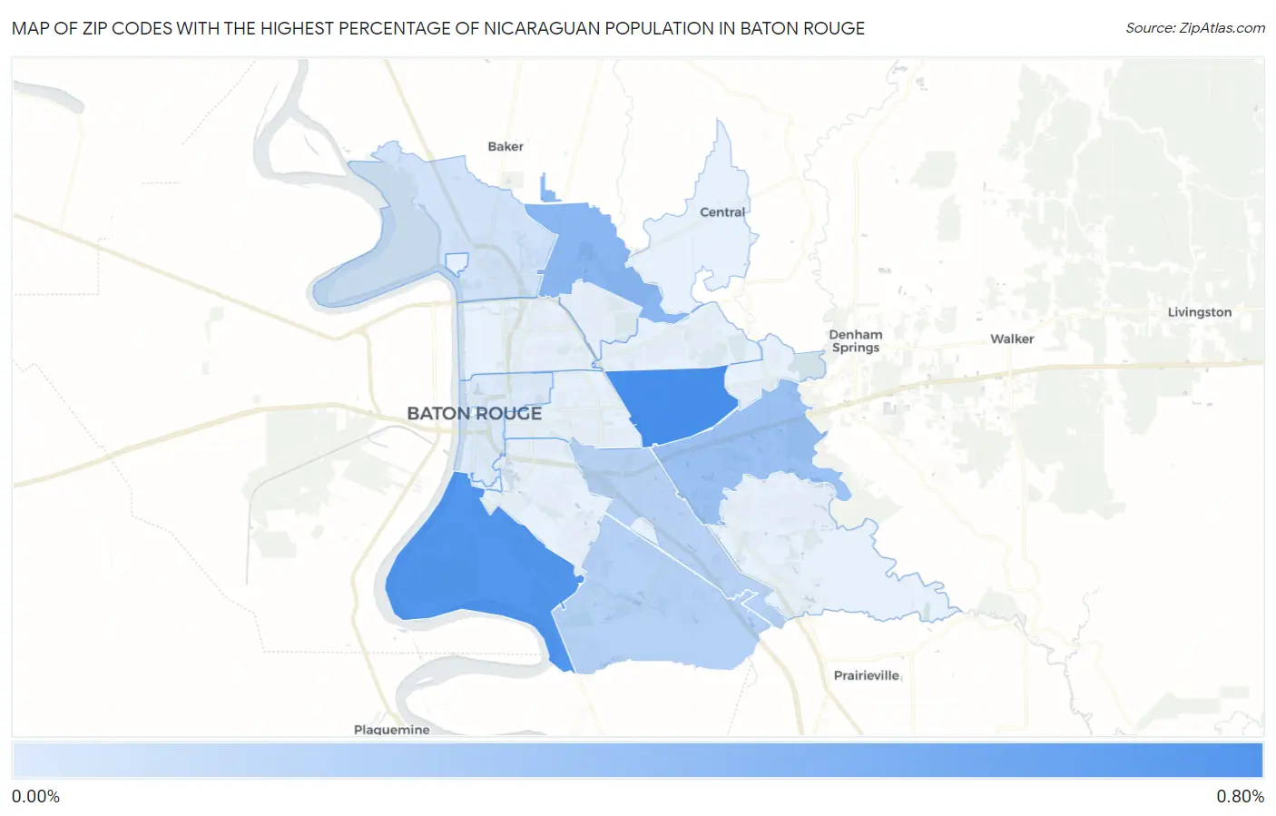 Zip Codes with the Highest Percentage of Nicaraguan Population in Baton Rouge Map