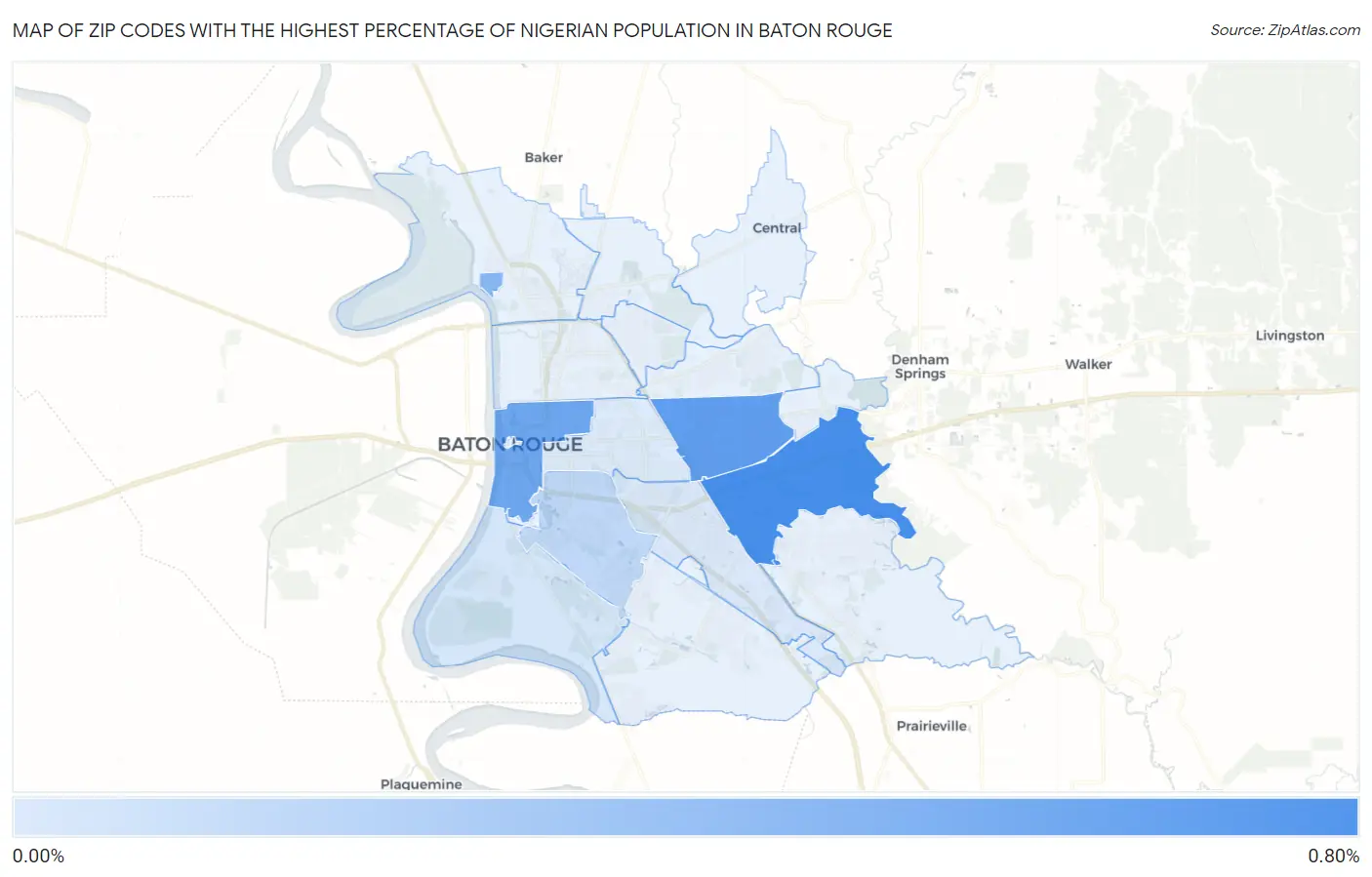 Zip Codes with the Highest Percentage of Nigerian Population in Baton Rouge Map