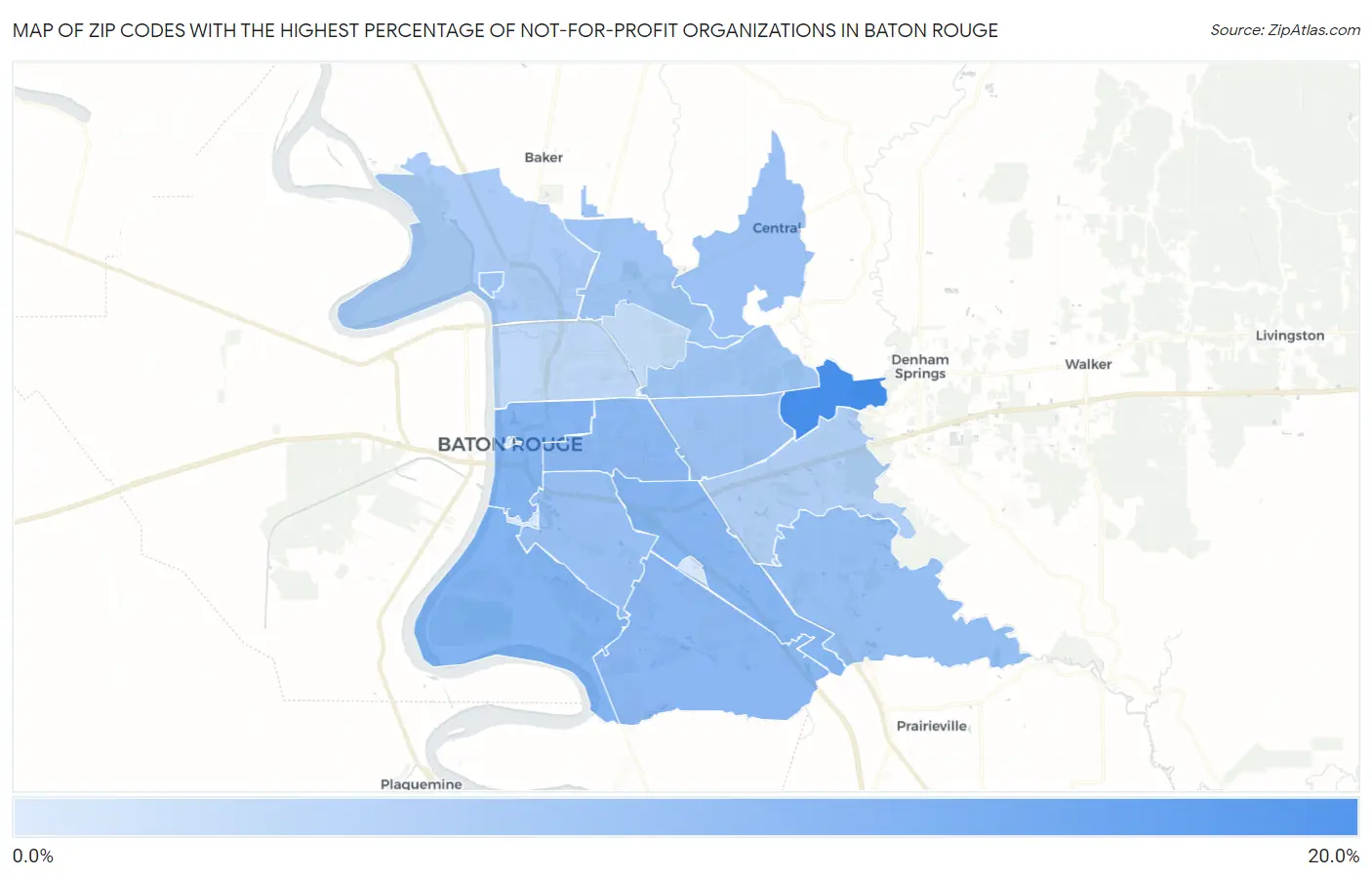 Zip Codes with the Highest Percentage of Not-for-profit Organizations in Baton Rouge Map