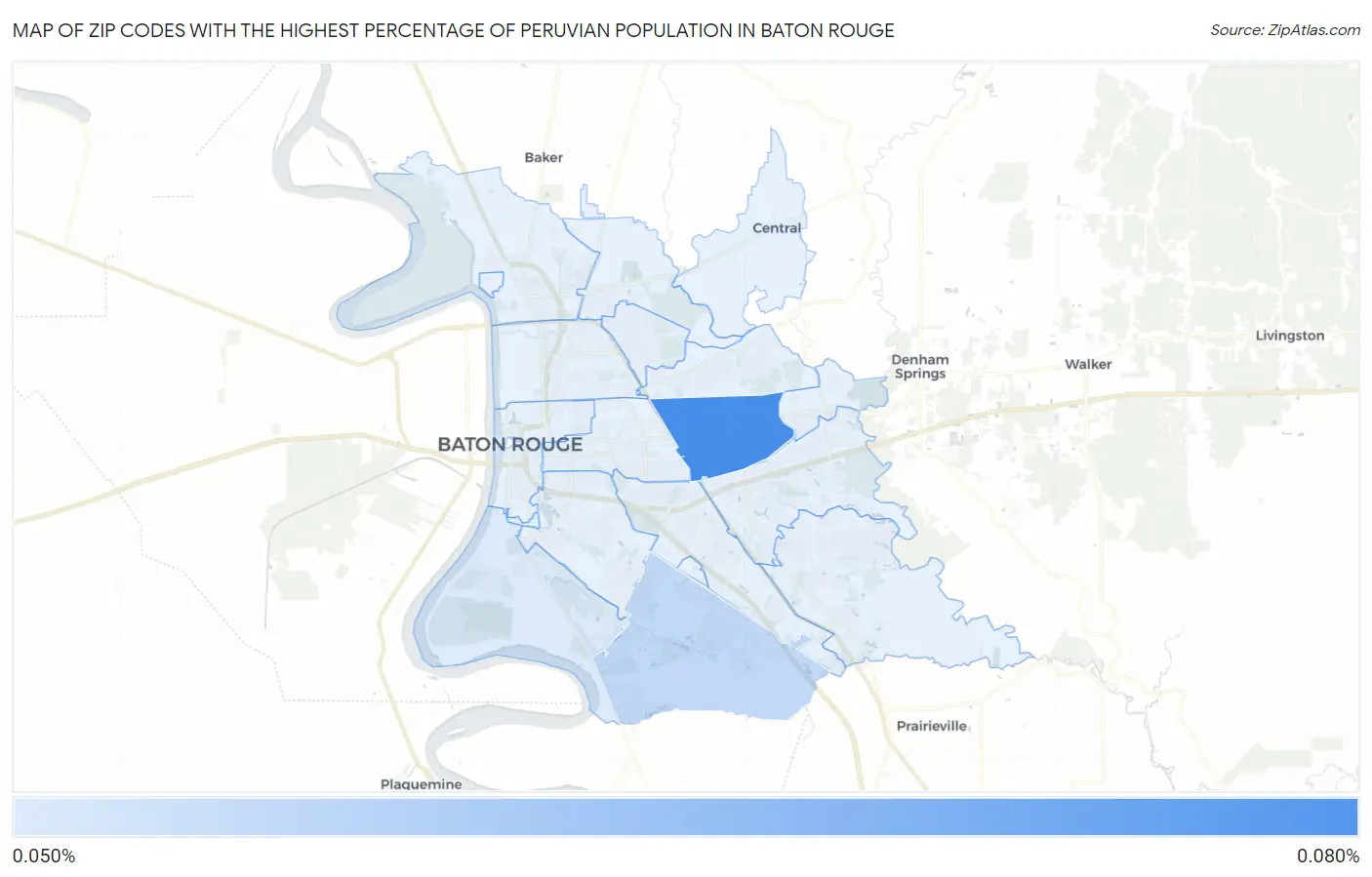 Zip Codes with the Highest Percentage of Peruvian Population in Baton Rouge Map