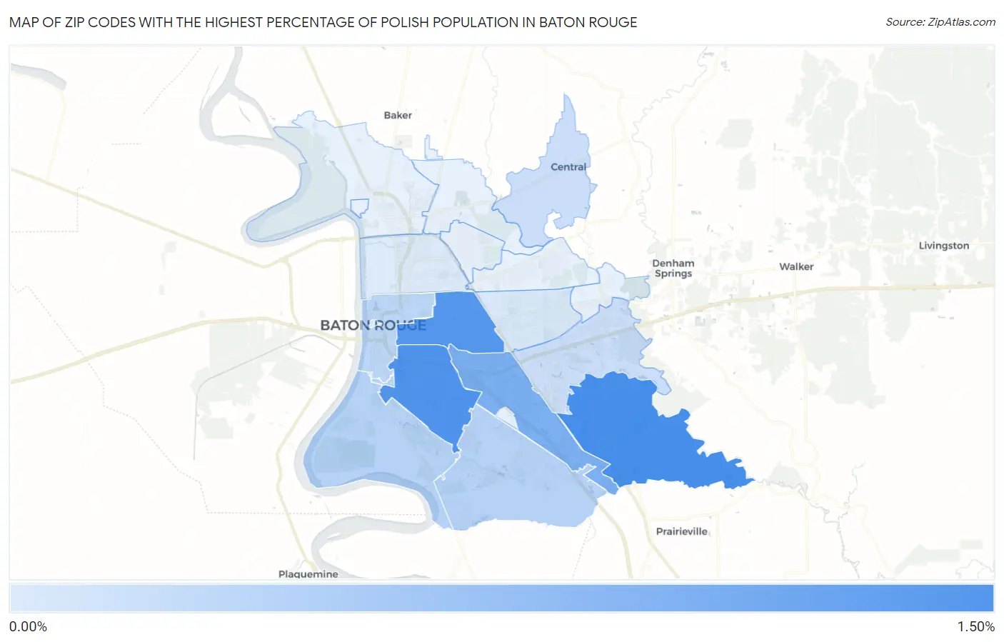 Zip Codes with the Highest Percentage of Polish Population in Baton Rouge Map