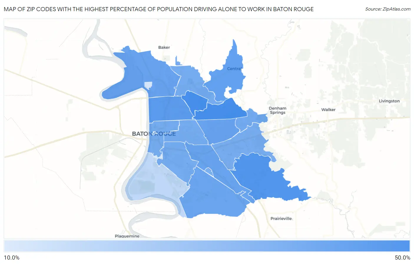 Zip Codes with the Highest Percentage of Population Driving Alone to Work in Baton Rouge Map