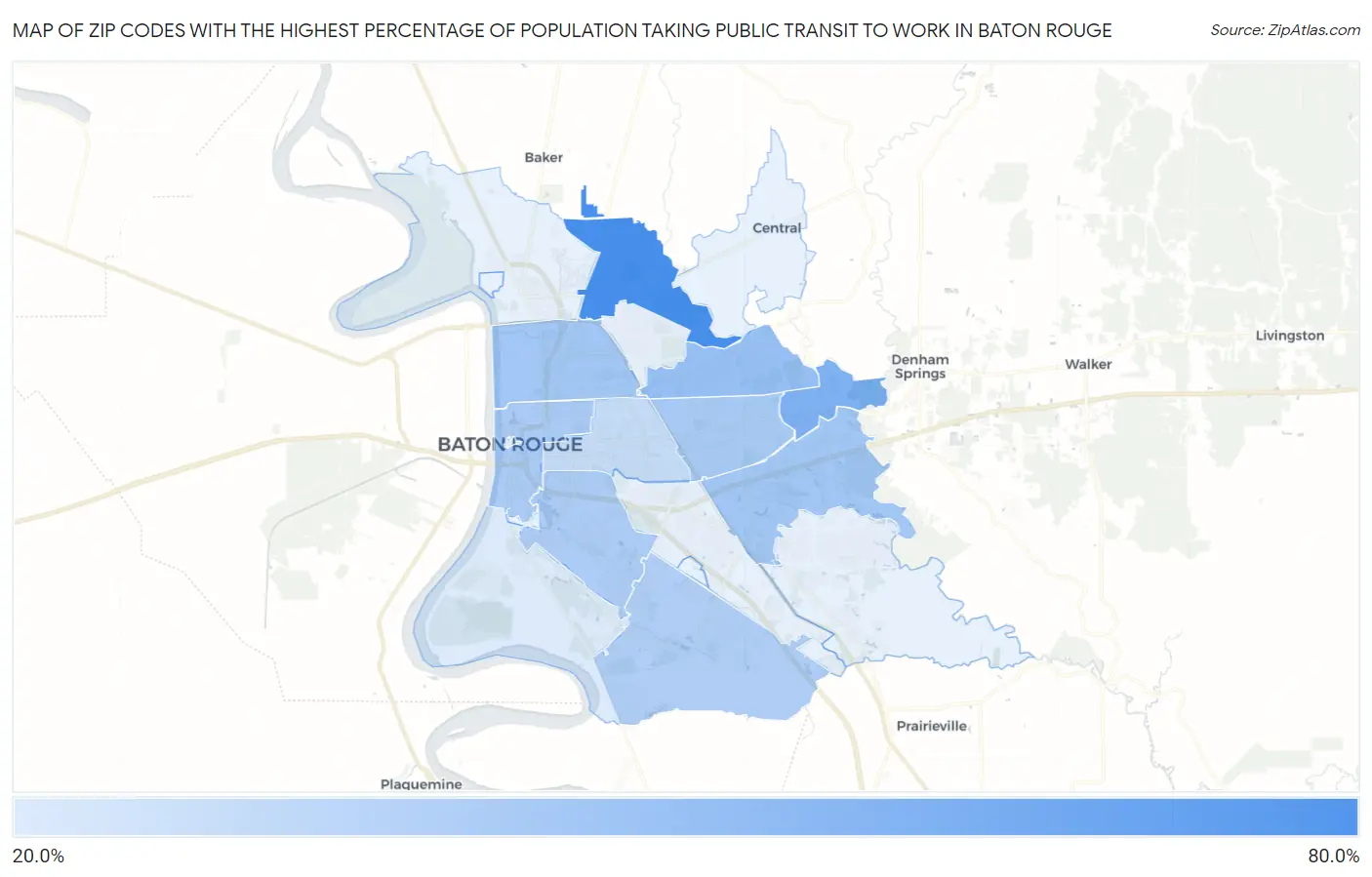Zip Codes with the Highest Percentage of Population Taking Public Transit to Work in Baton Rouge Map