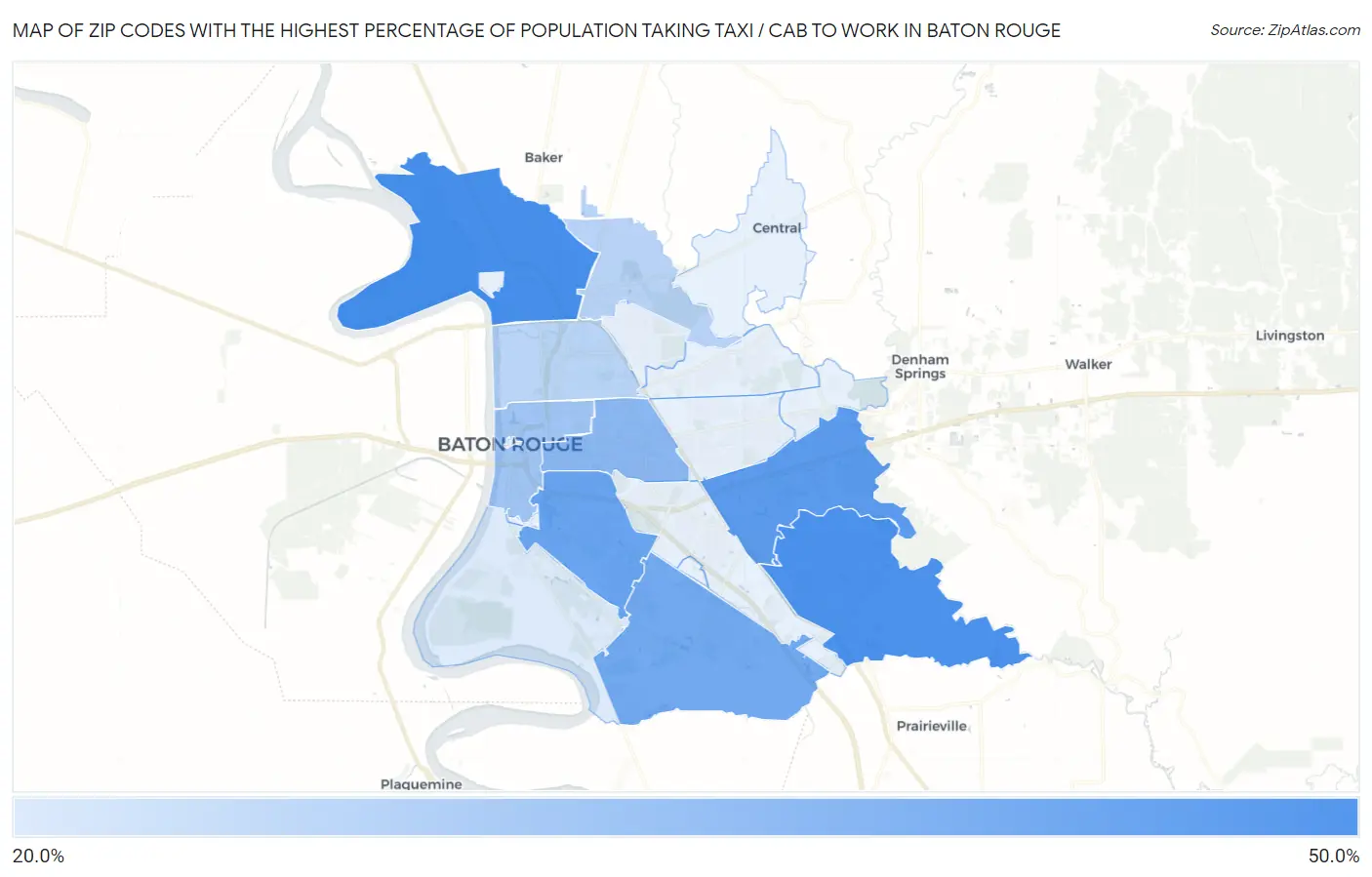 Zip Codes with the Highest Percentage of Population Taking Taxi / Cab to Work in Baton Rouge Map