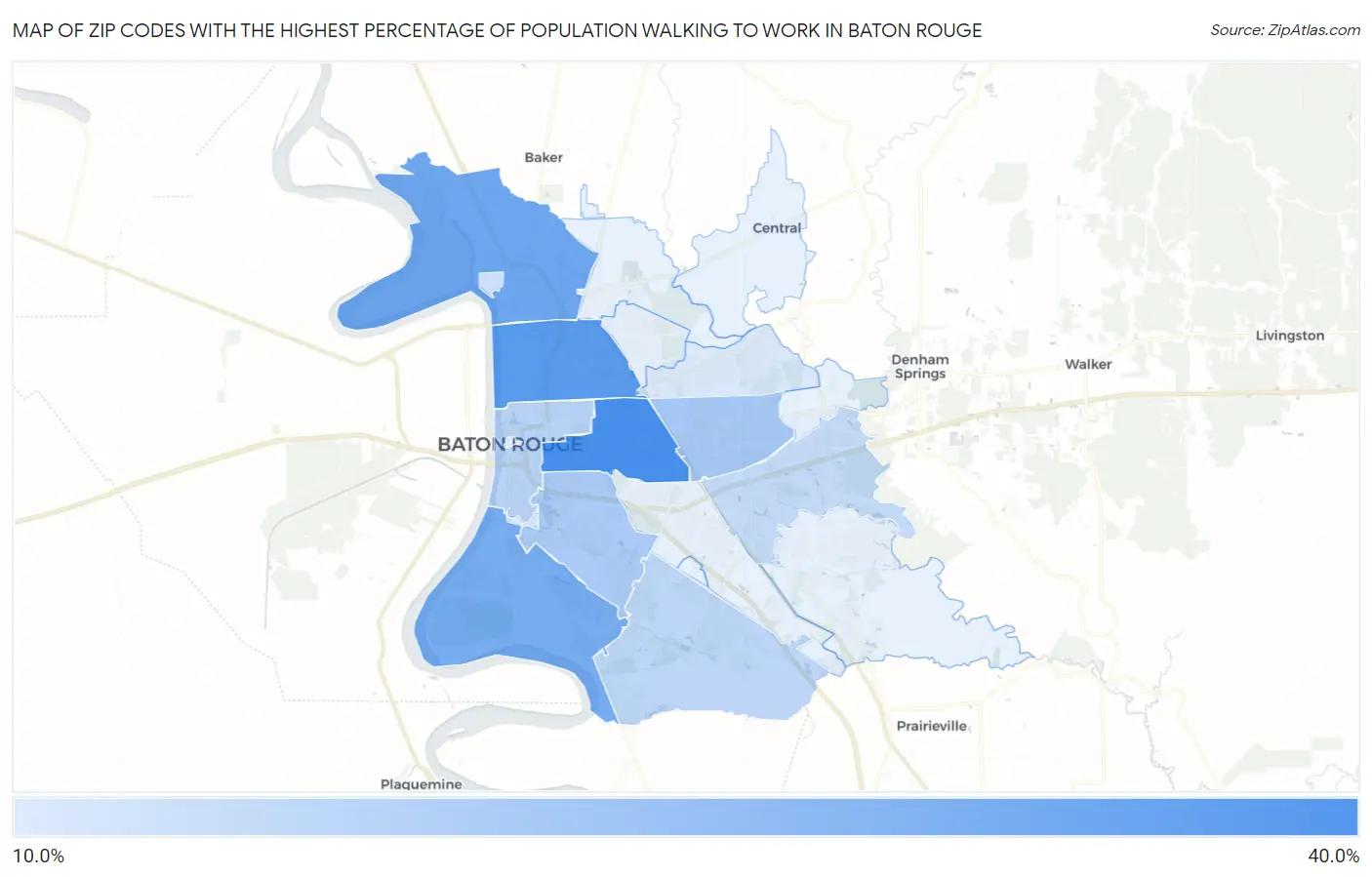 Zip Codes with the Highest Percentage of Population Walking to Work in Baton Rouge Map