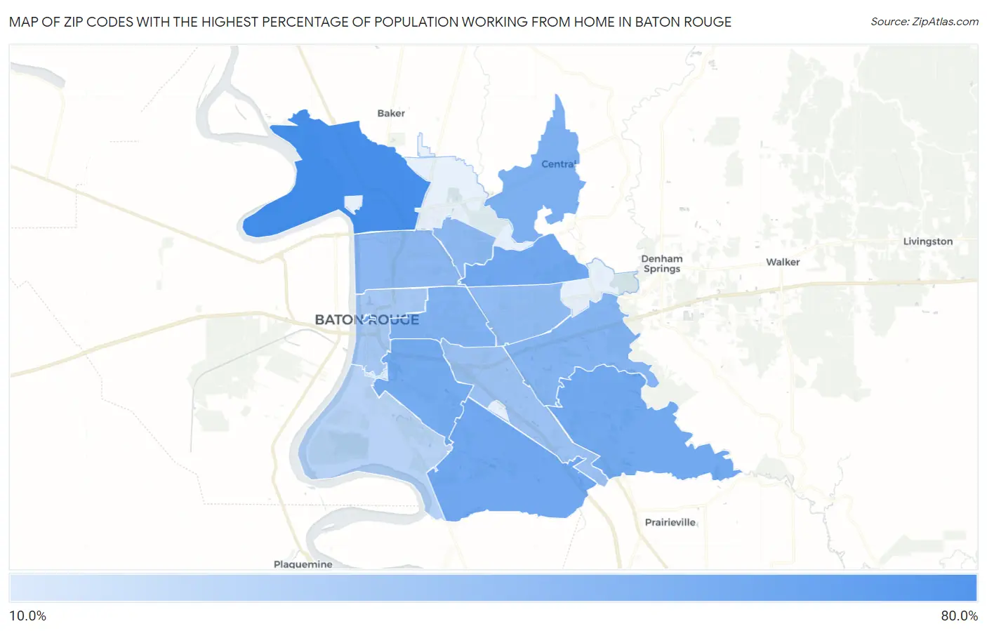 Zip Codes with the Highest Percentage of Population Working from Home in Baton Rouge Map