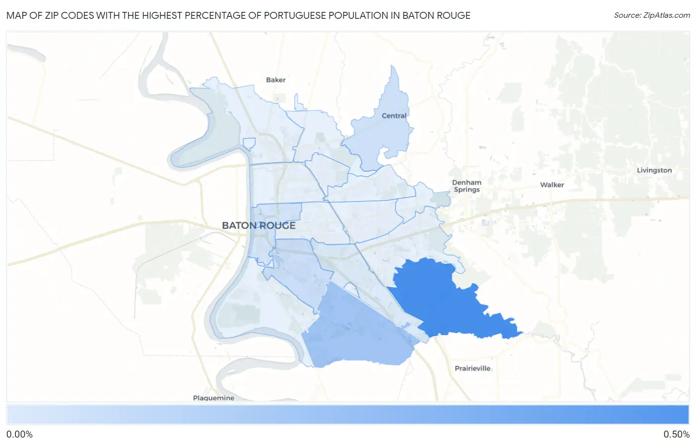 Zip Codes with the Highest Percentage of Portuguese Population in Baton Rouge Map