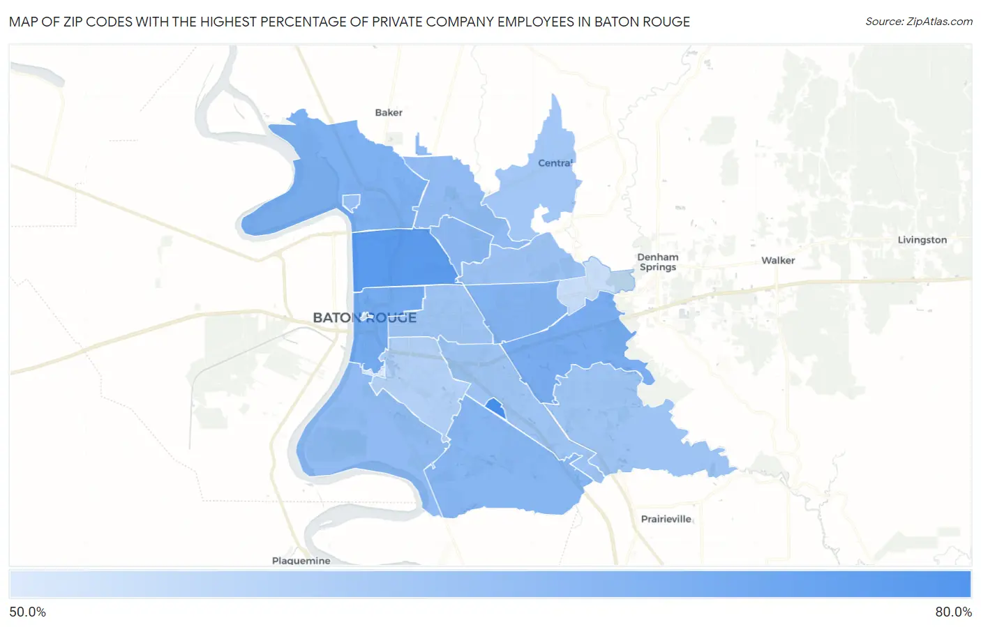 Zip Codes with the Highest Percentage of Private Company Employees in Baton Rouge Map
