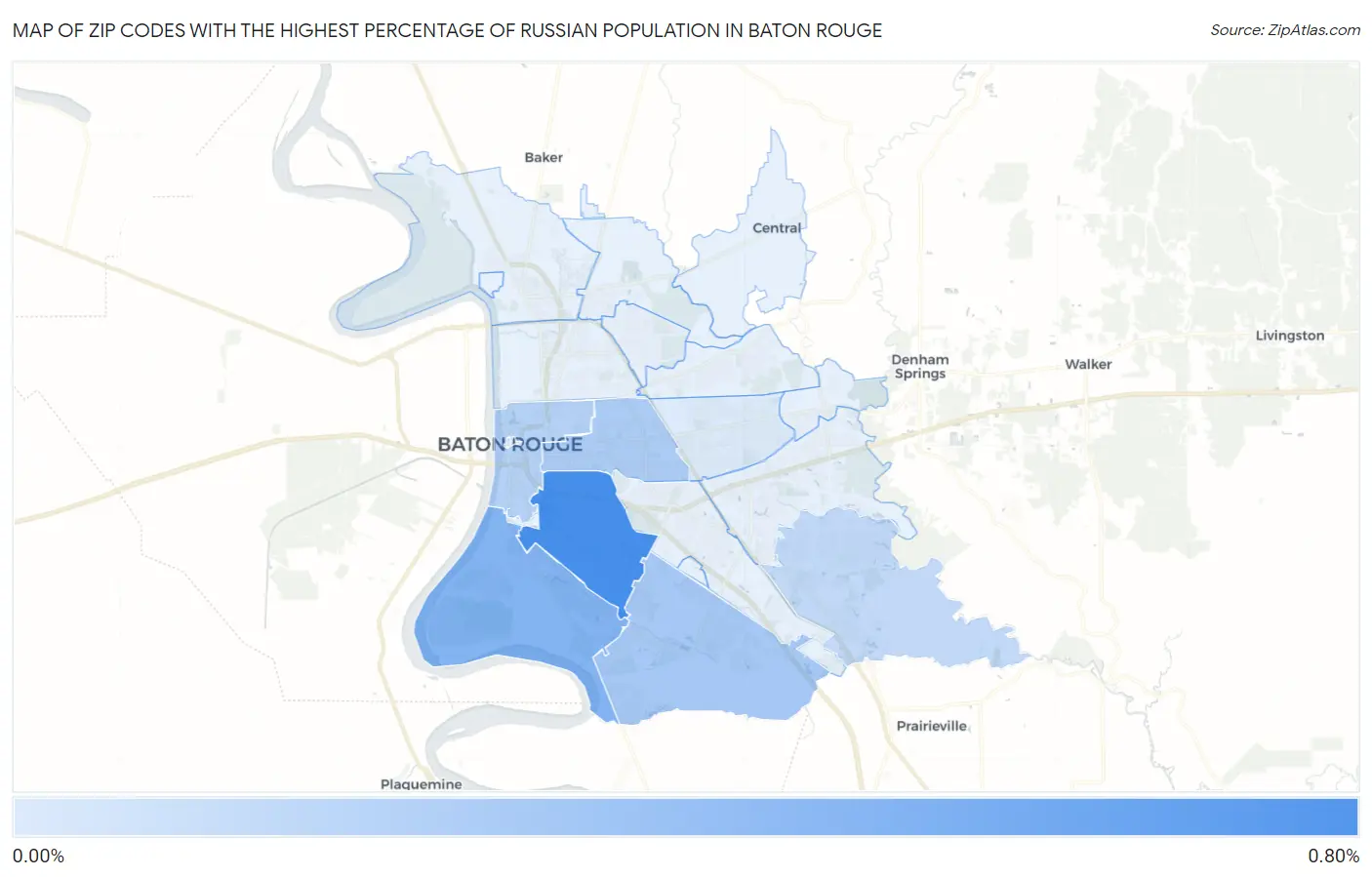 Zip Codes with the Highest Percentage of Russian Population in Baton Rouge Map