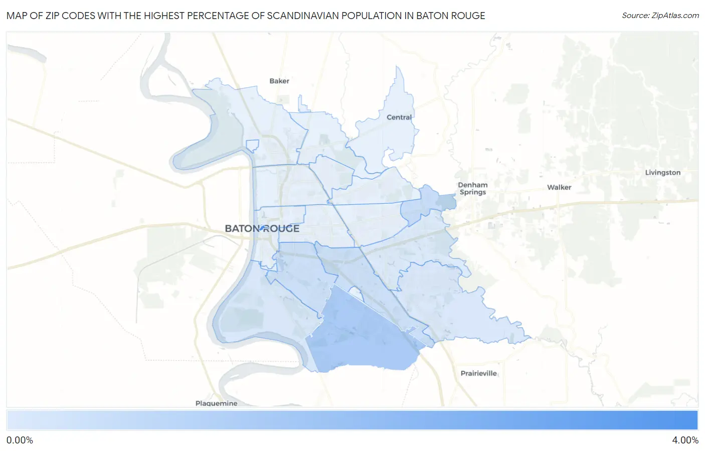 Zip Codes with the Highest Percentage of Scandinavian Population in Baton Rouge Map