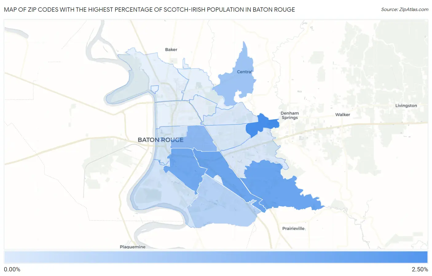 Zip Codes with the Highest Percentage of Scotch-Irish Population in Baton Rouge Map