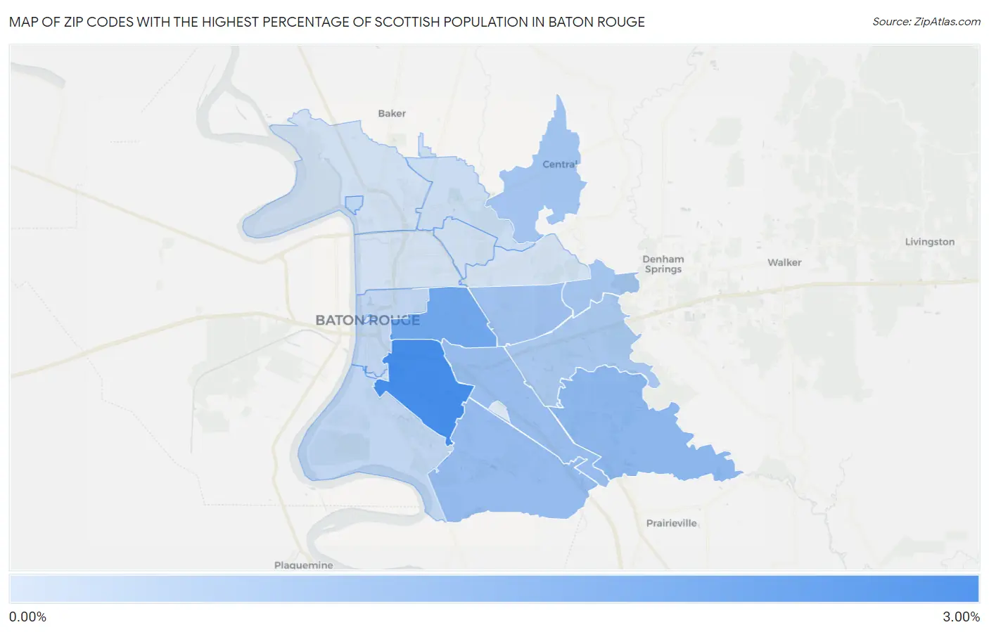 Zip Codes with the Highest Percentage of Scottish Population in Baton Rouge Map